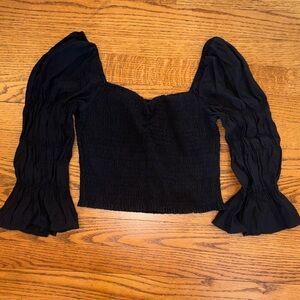 Black Smocked Square-Neck Puff Sleeve Top